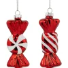 Set of 2 Shiny Red and White Glittered Candy Christmas Glass Ornaments 4"