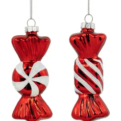 Set of 2 Shiny Red and White Glittered Candy Christmas Glass Ornaments 4"
