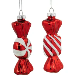 Set of 2 Shiny Red and White Glittered Candy Christmas Glass Ornaments 4