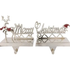 Set of 2 Silver Reindeer Merry Christmas Metal Stocking Holders 5.5"