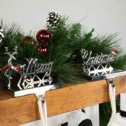 Set of 2 Silver Reindeer Merry Christmas Metal Stocking Holders 5.5"