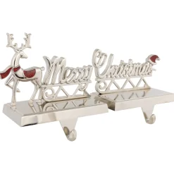 Set of 2 Silver Reindeer Merry Christmas Metal Stocking Holders 5.5