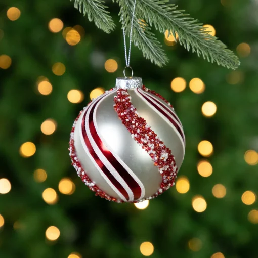 Set of 2 Silver with Red Glitter and Beads Striped Glass Christmas Ball Ornaments 4"