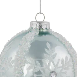Set of 2 Sky Blue Glittered and Beaded Snowflake Glass Christmas Ball Ornaments 4