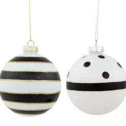 Set of 2 White and Black Striped Glass Christmas Ball Ornaments 4"