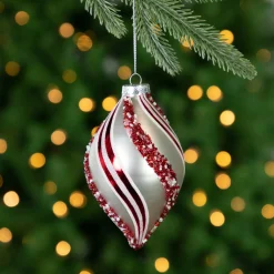 Set of 2 White and Red Glitter and Beads Striped Finial Glass Christmas Ornaments 5.5"