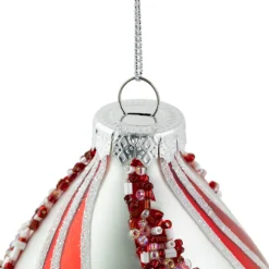 Set of 2 White and Red Glitter and Beads Striped Finial Glass Christmas Ornaments 5.5