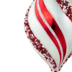 Set of 2 White and Red Glitter and Beads Striped Finial Glass Christmas Ornaments 5.5