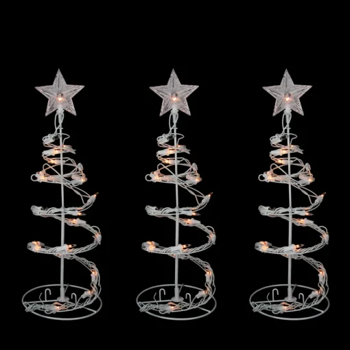 Set of 3 White Clear Lighted Spiral Cone Walkway Christmas Trees Outdoor Decor 18"