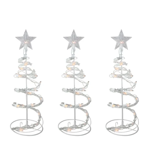 Set of 3 White Clear Lighted Spiral Cone Walkway Christmas Trees Outdoor Decor 18"