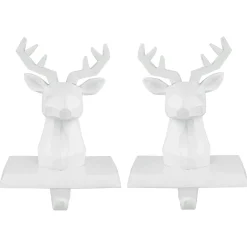 Set of 2 White Reindeer Head Christmas Stocking Holders 5.75"