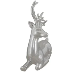 Shiny Ceramic Sitting Reindeer Christmas Decoration - 10" - Silver