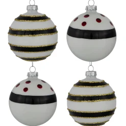 Shiny Finish Striped Christmas Glass Ball Ornaments - 3" (80mm) - White and Black - Set of 4