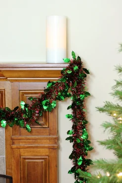 Shiny Tinsel Commercial Christmas Garland with Holly 50' - Red and Green - Unlit