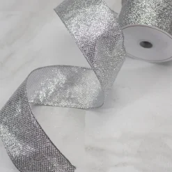 Silver Glittered Christmas Wired Craft Ribbon 2.5