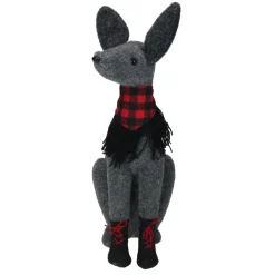 Sitting Dog with Plaid Collar Christmas Decoration - 14.5” - Gray and Red
