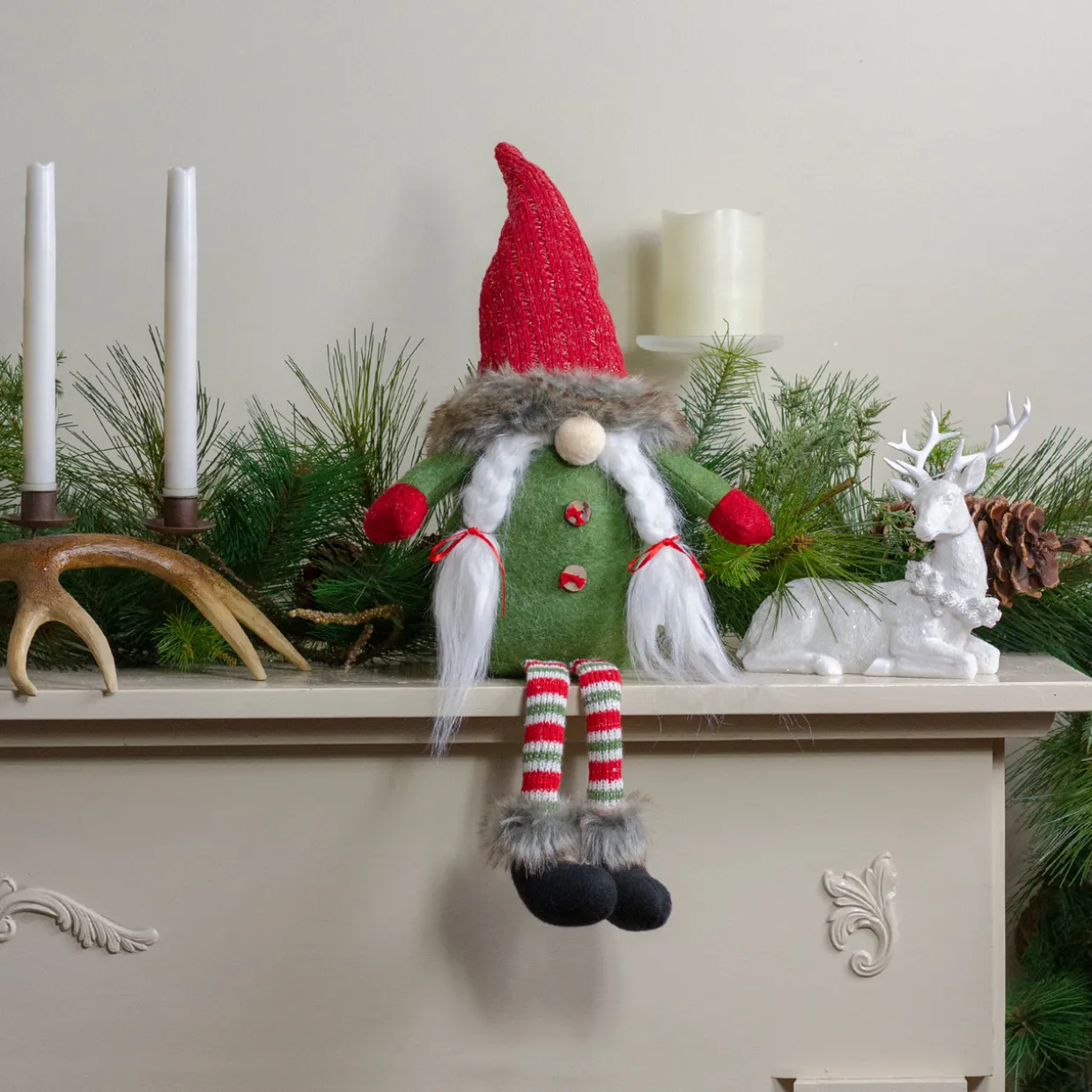 Sitting Female Gnome with Pigtails and Dangling Legs Christmas Figurine - 25"