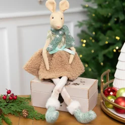 Sitting Girl Mouse in Plush Dress with Dangling Legs Christmas Figure - 18"