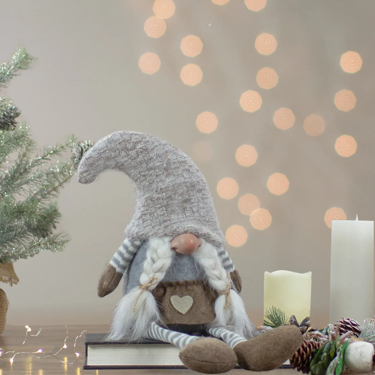 Sitting Girl with Braids Christmas Gnome Figure - 7.5" - Gray and Beige