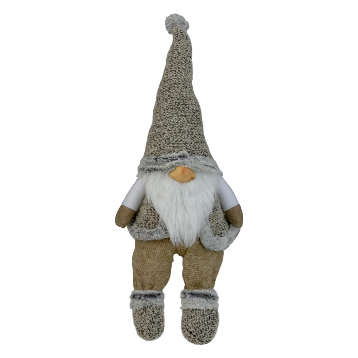 Sitting Plush Faux Fur Gnome Christmas Figure - 17" - Gray and Beige