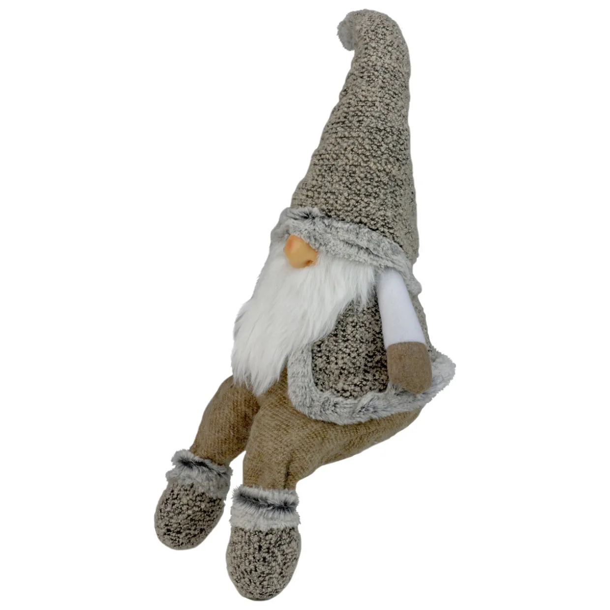 Sitting Plush Faux Fur Gnome Christmas Figure - 17" - Gray and Beige