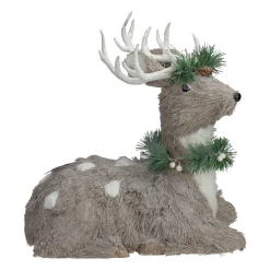Sitting Sisal Reindeer with Wreath Christmas Figure - 14" - Gray