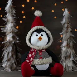 Sitting Winter Penguin Christmas Figure - 15" Red, White, and Black