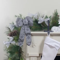 Snowflake 6-Loop Christmas Bow Decoration - 9" x 14" - Gray and White