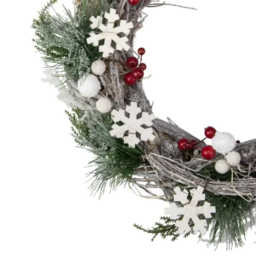 Snowflakes and Berries Winter Foliage Christmas Wreath - 13" - Unlit