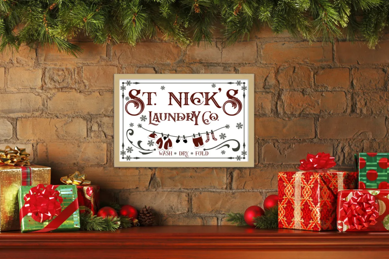 St Nick's Laundry Company Laundry Room 14.5" x 20.5" Framed Christmas Wall Decor Sign Poster in a Natural Wooden Frame with UV Acrylic and Hangers
