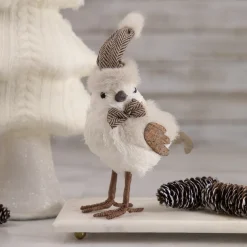 Standing Bird with Chevron Bow Tie and Faux Fur Winter Hat Christmas Figure - 10"