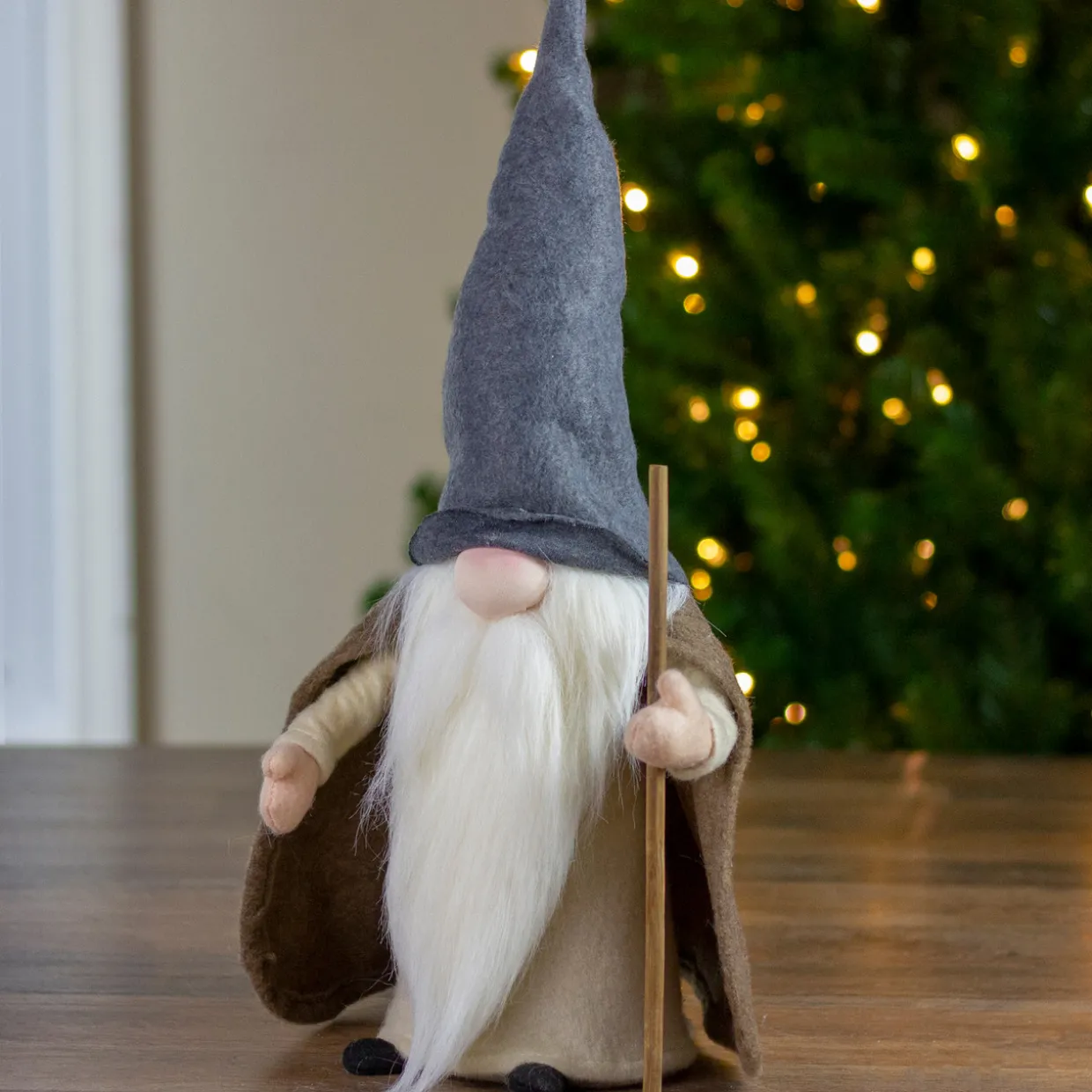 Standing Gnome Big Nose Santa Holding Stick - 16" Brown and Beige