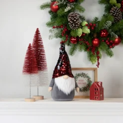 Standing Gnome with Flip Sequin Hat Christmas Figure - 11" - Red and Gray