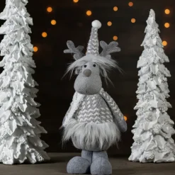 Standing Moose with Faux Fur Christmas Figure - 12" - Gray and White