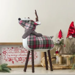Standing Plaid Reindeer Christmas Decoration - 13.5" - Red, Green and Brown