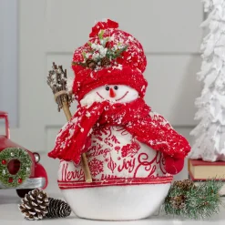 Standing Snowman Christmas Figure with Broom - 12.25" - Red and White