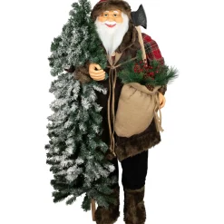 Standing Woodland Santa Claus with Flocked Alpine Tree Commercial Christmas Figure - 5'