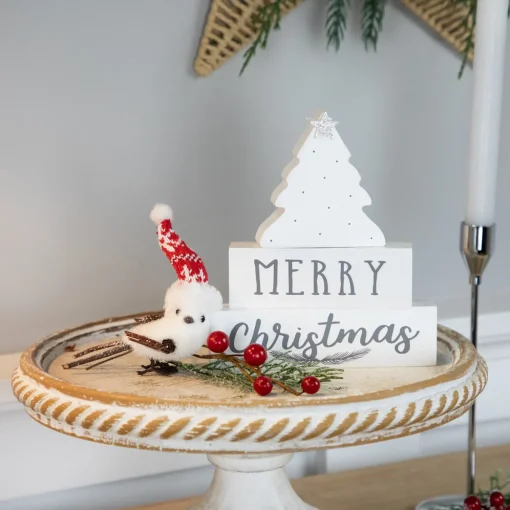 Star Topped Tree "Merry Christmas" Wooden Block Decoration - 6.75"