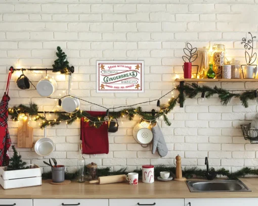 The Original Gingerbread Baking Company 13.5" x 19.5" Framed Christmas Wall Decor Sign Poster in a Natural Wooden Frame with UV Acrylic and Hangers