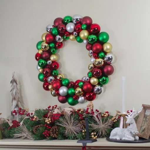 Traditional Colors 2-Finish Shatterproof Ball Christmas Wreath, 36-Inch
