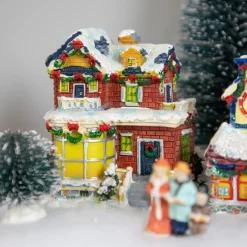 Two Story Snowy House with Garland and Wreaths Christmas Village Decoration - 4"