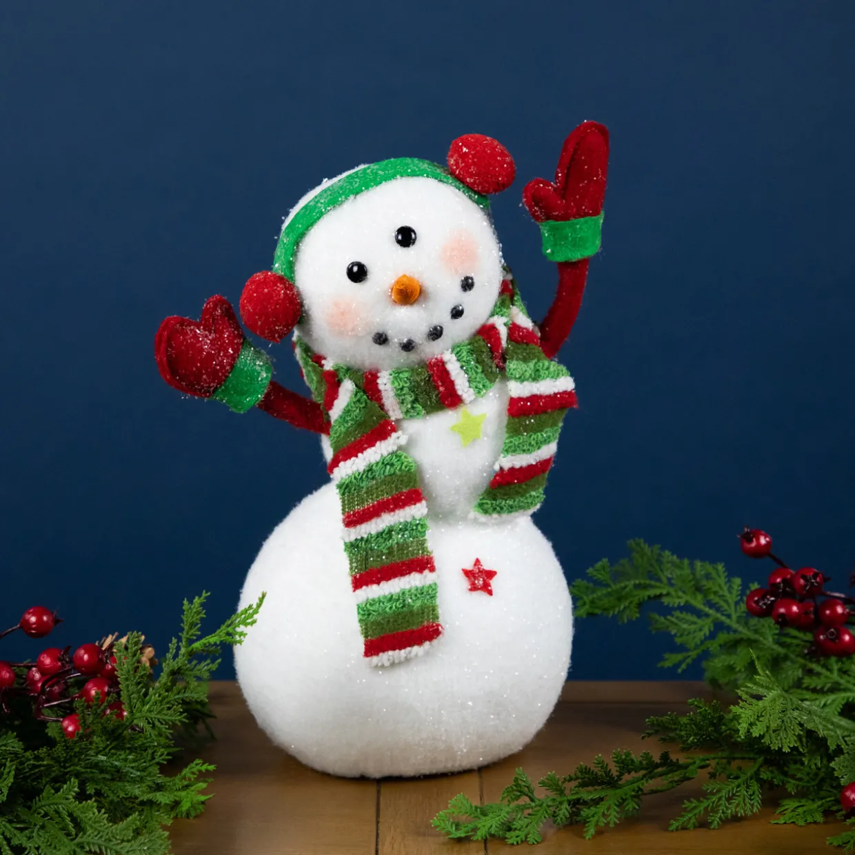 Waving Snowman with Earmuffs Glitter Christmas Figurine - 10"