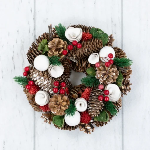 White Wooden Rose, Pine Cone and Berry Artificial Christmas Wreath, 10-Inch, Unlit