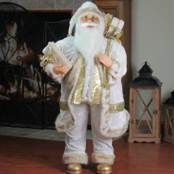 Winter Santa Claus with Gift Bag Christmas Figure - 36" - White and Cream