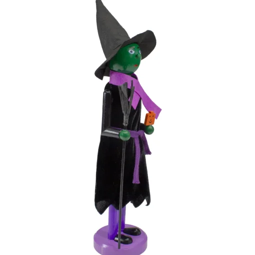 Witch Jack-O-Lantern Halloween Nutcracker with Broom - 14" - Black and Green