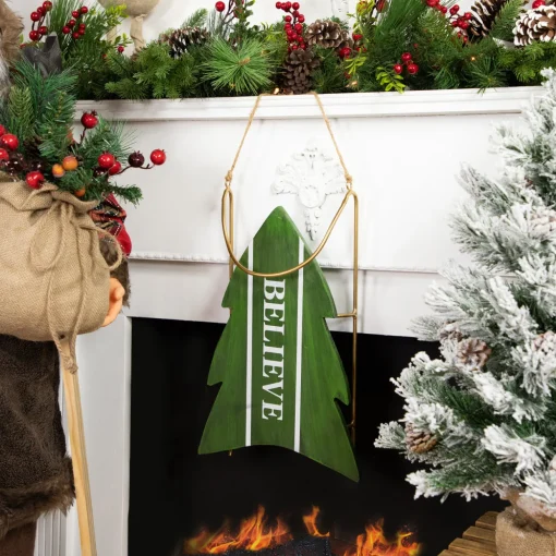 Wooden "Believe" Christmas Snow Sled Decoration - 18.25" - Green