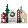 Wooden "Merry Christmas" Houses with Trees Decoration - 15" - Red and Green