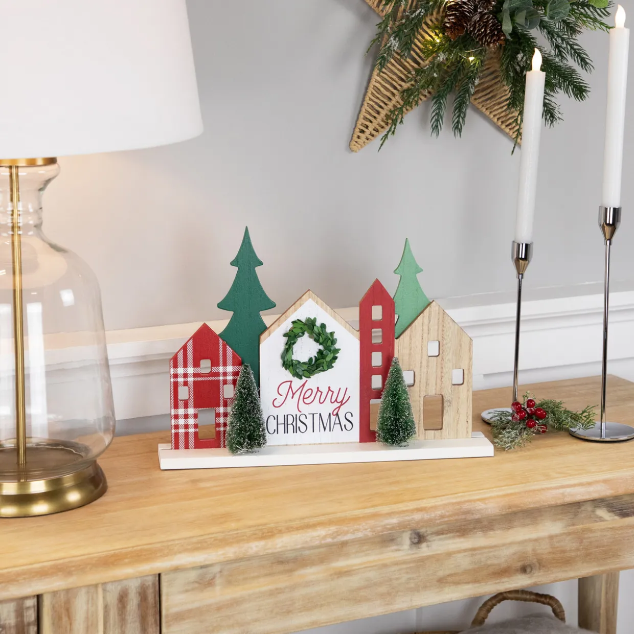 Wooden "Merry Christmas" Houses with Trees Decoration - 15" - Red and Green