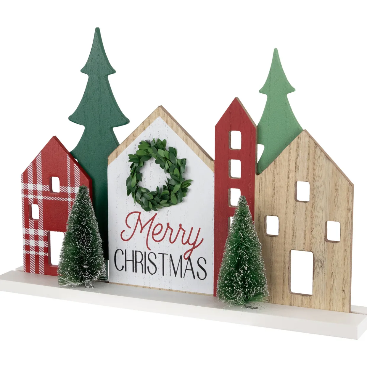 Wooden "Merry Christmas" Houses with Trees Decoration - 15" - Red and Green