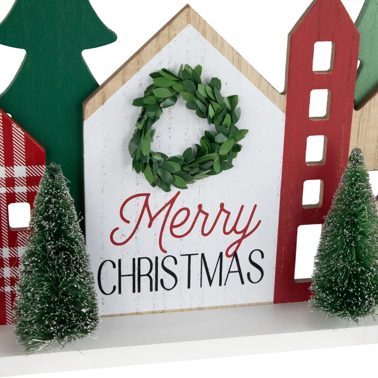 Wooden "Merry Christmas" Houses with Trees Decoration - 15" - Red and Green